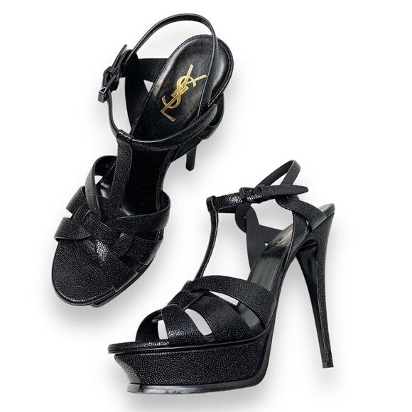 Saint Laurent Tribute Black Grained Leather Platform High Heel Sandals Size 40.5 - Picture 3 of 15